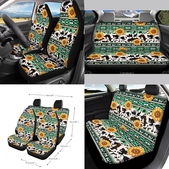 Aztec Sunflower Cowhide Print 15Pcs Car Seat Cover Full Set Car Steering Wheel Cover Seat Belt Cover Trash Bin Air Vent Storage Box Front Rear View Mirror Car Cup Holder Keychain