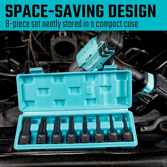 DURATECH 24-Piece Impact Set, 8-Piece Impact Torx Bit Set, 1/2" Drive, T30, T40, T45, T50, T55, T60, T70, T80 Torx Bits, 16-Piece 3/8" Drive Impact Universal Joint Socket Set, Swivel Socket Set, Cr-Mo