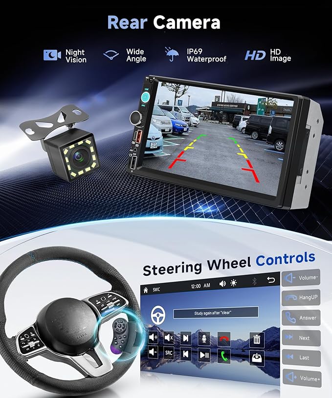 Double Din Car Radio with Wireless CarPlay Android Auto, 7 Inch Touchscreen Car Stereo 2 Din with Backup Camera Car Radio Support Mirror Link Bluetooth FM USB EQ Type C Steering Wheel Control