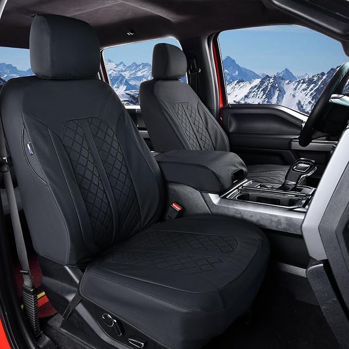 Truckiipa Leather F150 Seat Covers Front Seat Cover Truck Seat Cushion Protector Custom Fit for 2015-2026 Ford F150 SuperCrew, 2017-2026 F250 F350 F450 Super Duty Crew Cab, Front Pair, Black