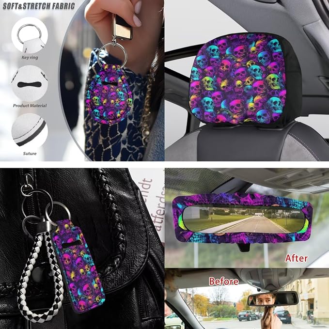 Skull Print Car Seat Covers Set of 15 High Back Front and Back Seat Covers with Steering Wheel Cover Safety Belt Pads Headrest Protectors Armrest Cushion Cup Coasters and Keychain
