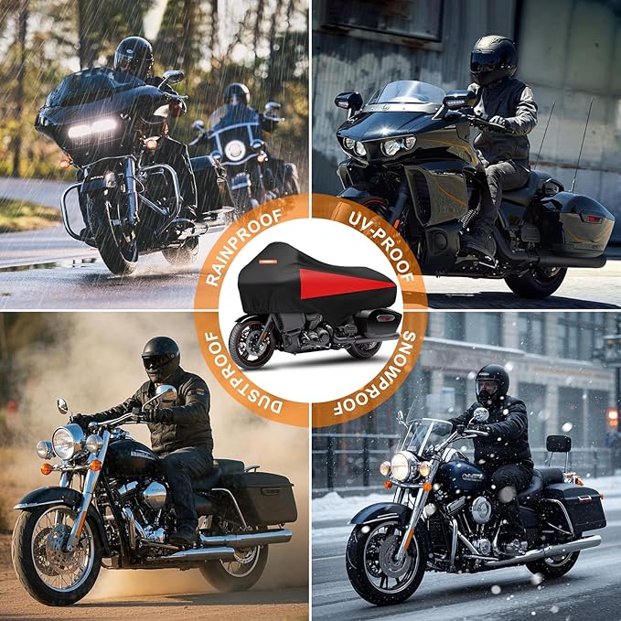 Motorcycle Half Cover with Elastic Hook and Reflective Strip Waterproof Dustproof Sunproof All-Day Protection Suitable for Touring Models Road King Street Glide Road Glide and More (Black&Red)