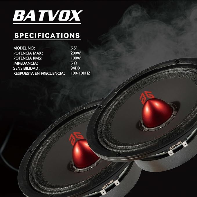 MX65E1 Loudspeaker 6.5 Inch Midrange 400 Watts 6 Ohms Red Bullet, Premium Quality Audio Door Speakers for Car or Truck Stereo Sound System, Black (2 Speakers)