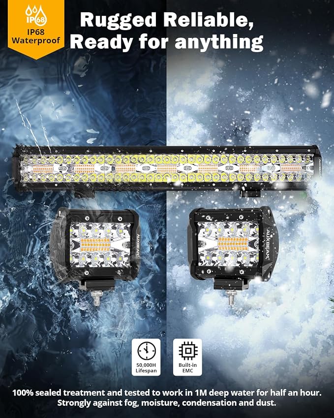 Auxbeam 4-Inch LED Pods with 20-Inch LED Light Bar Offroad Combo Set 3-Pack | 6 lighting modes series, Amber white dual color, Strobe fog lights, Flash/warning/signal, Spot flood combo beam
