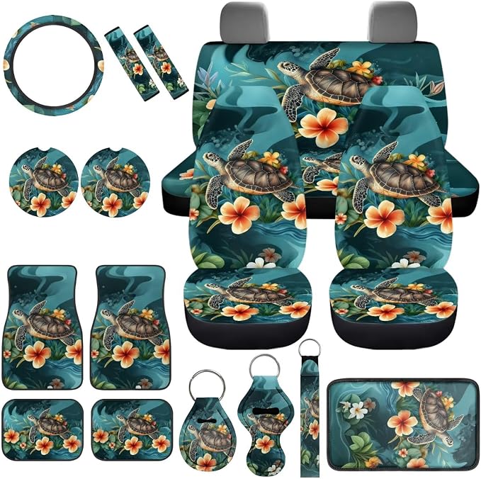 Sea Turtle Car Seat Covers Full Set of 17 Pcs,Plumeria Car Accessories with Animal Turtle Car Floor Mats Auto Seat Belt Cover Steering Wheel Cover Automotive Interior Seat Mat Cover for Women