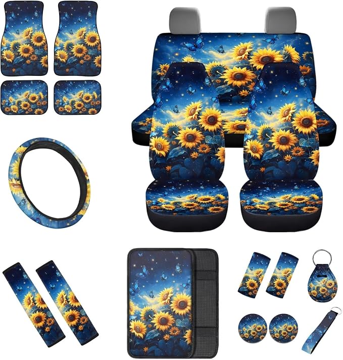 Sunflower Butterfly Print Car Seat Covers Car Floor Mats Steering Wheel Cover Armrest Pad Seat Belt Pads Roof Handle Wraps Cup Coasters Keychains Auto Interior Accessories Set of 18