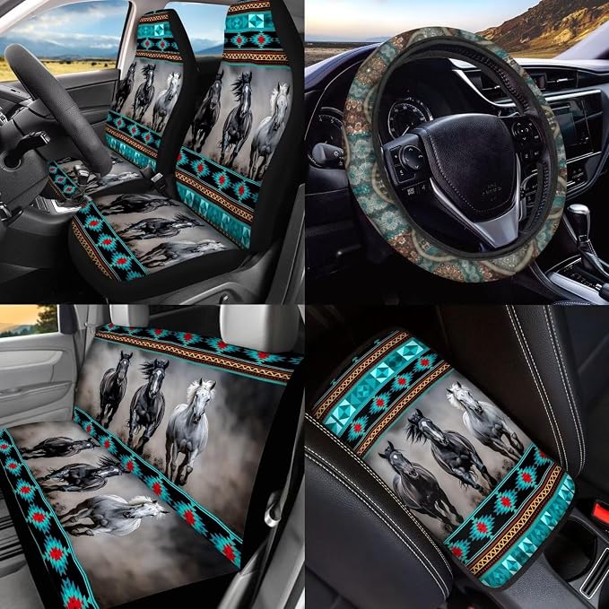 BIGCARJOB Tribal Horse Car Seat Covers Full Set for Auto Interior Accessories 15-Pack Seat Protector Set Animal Horse Car Headrest Cover