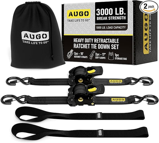 AUGO Retractable Ratchet Straps | 2 Heavy Duty Ratchet Straps Self Retractable Tie Downs with Soft Loops & Storage Bag for Motorcycle, Truck, Trailer, Cargo Van | 3000 Lb Break Strength 2” x 10’