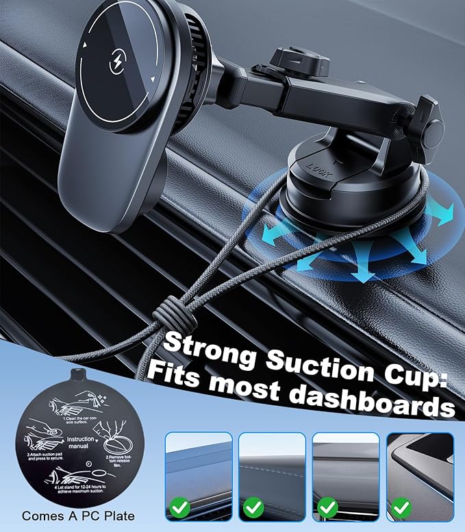 for Magsafe Car Mount Charger with Air-Cooling System, 15W Fast Charging Wireless Car Charger Mount for iPhone 17 16 15 14 13 Pro Max Plus Mini, Vent Dashboard Suction Car Phone Mount Charger