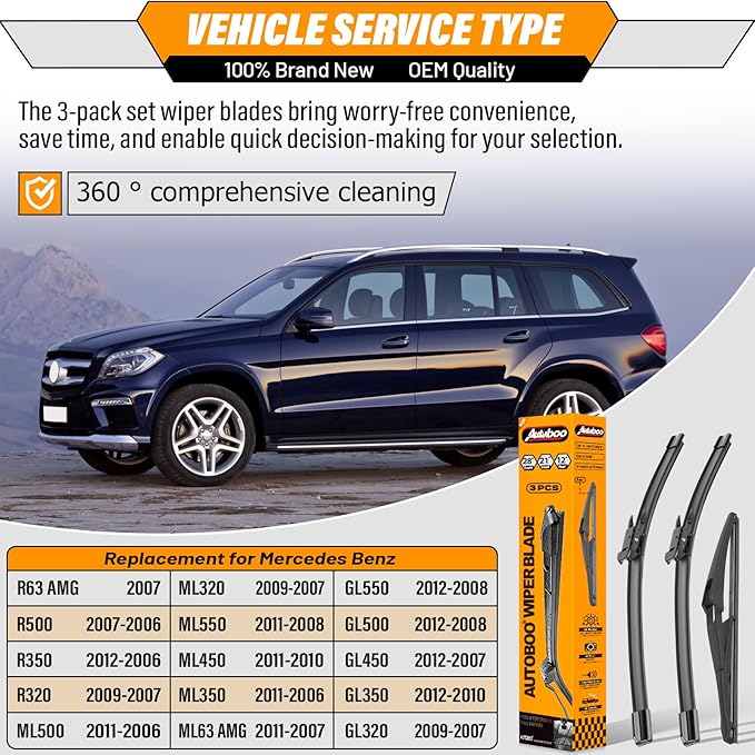 AUTOBOO 28"+21" Windshield Wipers with 12" Rear Wiper Blade Replacement for Mercedes-Benz ML-Class W164 2006-2011 ML320 ML350 ML550 ML63 2005-2012 X164 GL-Class W251 R-Class -Original Factory Quality