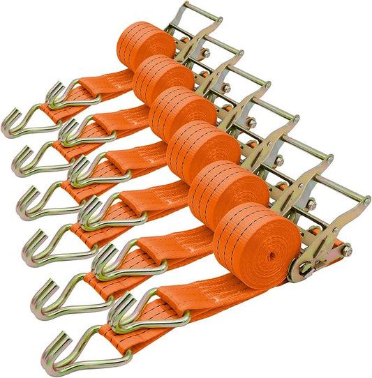 6 Pack 2" x 15' Heavy Duty Ratchet Straps - 4500LBS Break Strength - Tie Down Straps with J-Hooks for Trucks, Trailers, Motorcycles, and Cargo（Orange）