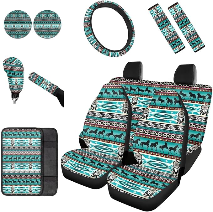 Dreaweet Aztec Car Seat Covers Full Set Native American Dreamcatcher and Horse Seat Covers with Steering Wheel Cover,Armrest Pads,Seat Belt Pads,Coasters,Gear Shift & Handbrake Cover,Universal Fit