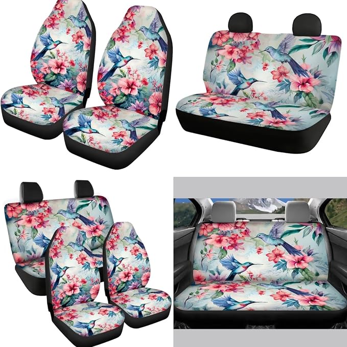 Cherry Blossom Hummingbirds Car Seat Covers 12Pcs Auto Front Rear Seat Protection Accessories Full Set with Universal Fit Steering Wheel Covers Seatbelt Pad Keychain Cup Mat Armrest Pads