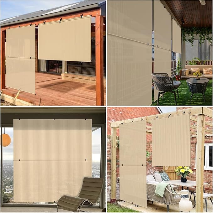 Patio Shades Roll Up Outdoor 5'Wx10'H Foldable Roller Shade Patio Blinds Exterior Block Sun Screen for Outside Porch Deck Balcony Pergola Carport, Beige