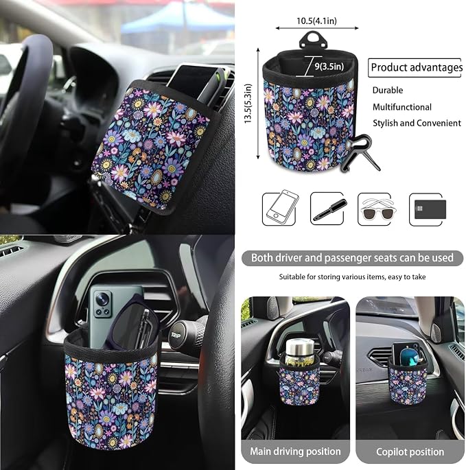 Wanyint Hippie Flower Lotus Car Seat Cover Set 15 PCS, with Steering Wheel Cover Seat Belt Pads Garbage Bag Air Vent Pocket Rearview Mirror Cover Car Coasters Keychain Fit for SUV Trucks Vans Sedans