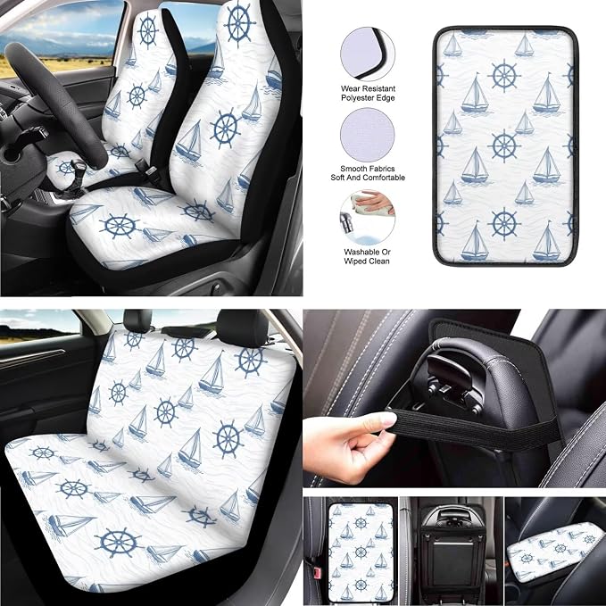 13 Pcs Car Seat Cover, Mediterranean Style Sailboat Universal Fit Car Front Rear Seat Covers, Nordic Nautical Lover Automotive Cup Holder Coaster
