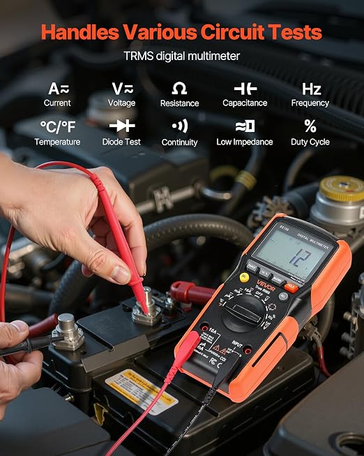 VEVOR Digital Multimeter, 6000-Count TRMS DC/AC Voltmeter Current Tester, Auto-Ranging Multimeter for Current Voltage Resistance Capacitance Temperature Diodes Continuity Low Impedance Measurment