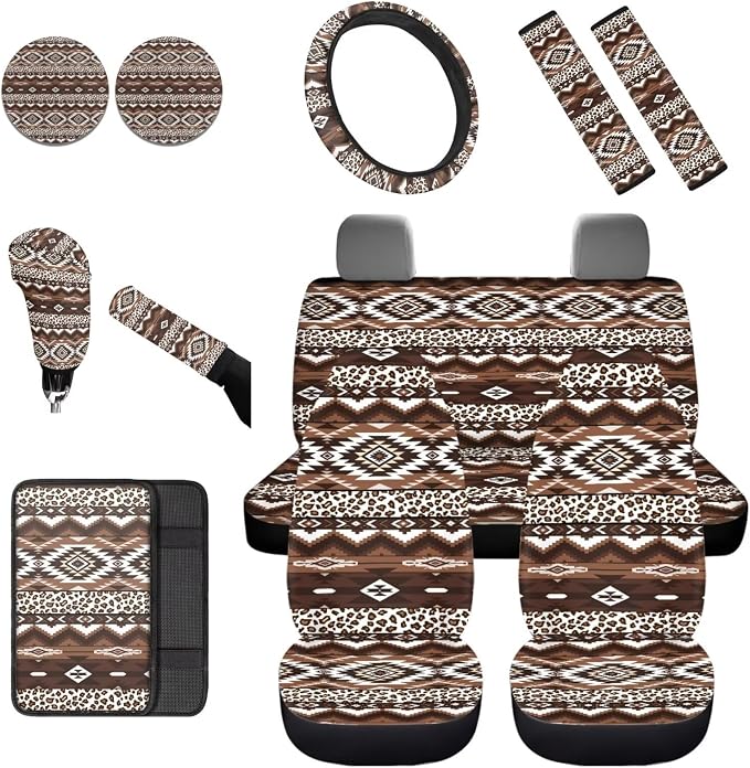 Dreaweet Aztec Leopard Print Car Seat Covers Full Set 12 Pcs - Brown Front and Back Seat Covers with Steering Wheel Cover with Center Console Cover,Coasters,Seatbelt Covers,Gear Shift Handbrake Cover