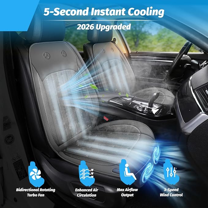 Cooling Car Seat Cover with 2 Powerful Turbo Fans, 12V-24V Ventilated Cooling Car Seat Cushion, 3-Speed Adjustable Breathable Cooling Seat Cover for Car SUV Truck Universal Fit (Grey 2)