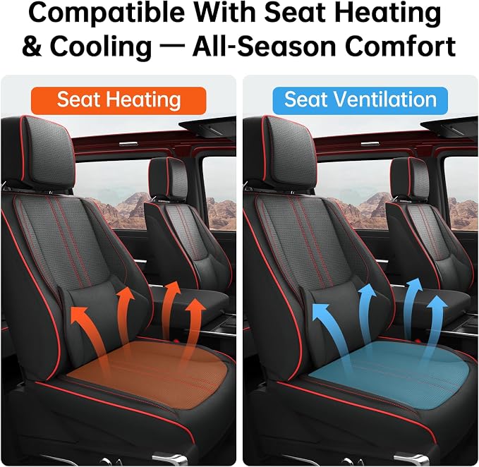 W&PMAX Custom-Fit Seat Covers for Ford F-150 Crew Cab (2015–2025), Full Set Waterproof Leather, Full-Wrap Protection, Heated & Cooling Compatible – Black/Red Stitching