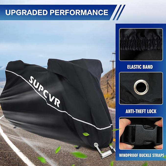 Motorcycle Cover 600D Heavy Duty Waterproof Outdoor All Season Protection Durable Rain UV Windproof Elastic Hem Storage Bag&Night Reflective Vehicle Covers Fit up to 104" Motorcycles