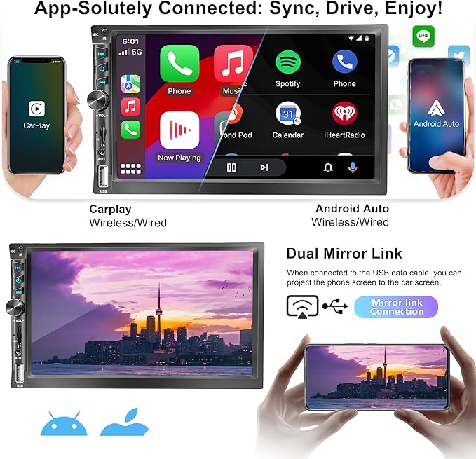 Upgrade Wireless 7" Double Din Car Stereo Apple CarPlay Android Auto 178 * 102mm,Touchscreen Car Play Radio for Car,Screen for Bluetooth 5.2, Weatherproof Backup Camera,FM AM,AUX,Card Slot,USB,SWC