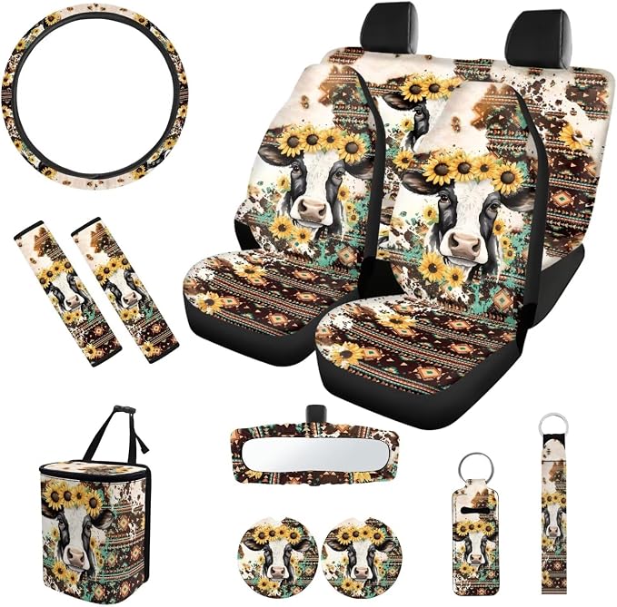 Aztec Cow Car Seat Covers Full Set with Steering Wheel Cover Car Seat Belt Cover Rear View Mirror Cover Car Trash Can Car Coasters Wristlet Keychain Keychains，12 Pieces