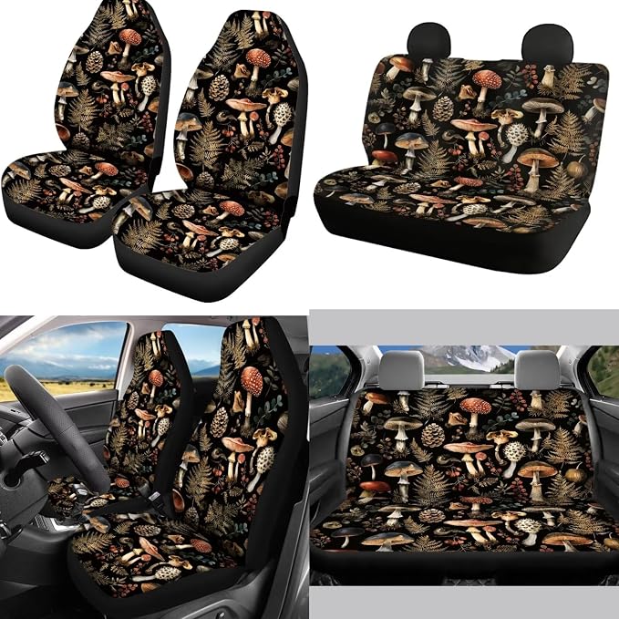 Mumeson 3D Mushroom Pattern Car Seat with Steering Wheel Covers Non-Slip + Seat Belt Strap Pads Cushion Shoulder Pad +Car Armrest Cushion Pad Universal Fit Truck SUVs Most Vehicle