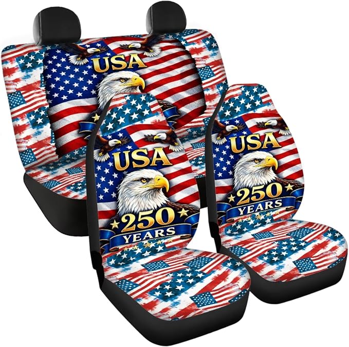 USA 250 Years Flag & Eagle 11-Piece Car Seat Cover Set, Patriotic Auto Accessories, Breathable & Washable for Cars, Trucks & SUVs with Steering Wheel Cover and Seatbelt Pad Covers