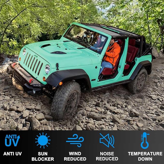JK Sun Shade Top Compatible with Jeep Wrangler 4 Door 2007 to 2018 Sunshade Sunroof Bikini Cover Blocks UV Wind Noise Gray Mesh for Front and Rear 2 pcs