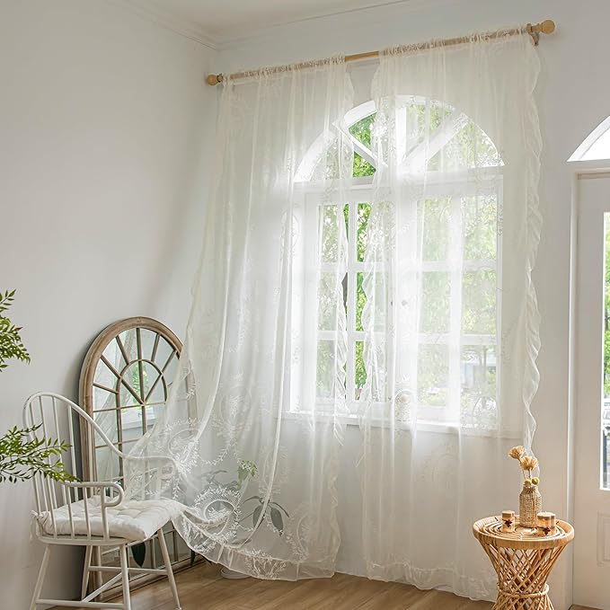 Sutuo Home Lace Curtains 2 Panels 90 Inches Long, Vintage Embroidered Floral Rose Sheer Curtains for Bedroom Living Room, Privacy Country Rustic Windows Treatment Pair, Rod Pocket, W57 x L90,Ivory