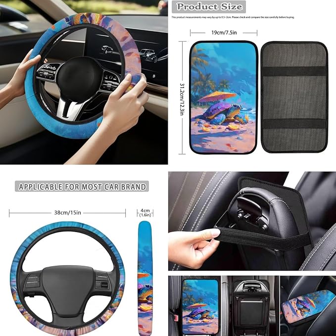 Forchrinse 15Pcs Hawaiian Sea Turtle Car Seat Cover Set with Steering Wheel Cover Armrest Shoulder Pads Handbrake Gear Cover Garbage Can Universal Women Auto Interior Accessories