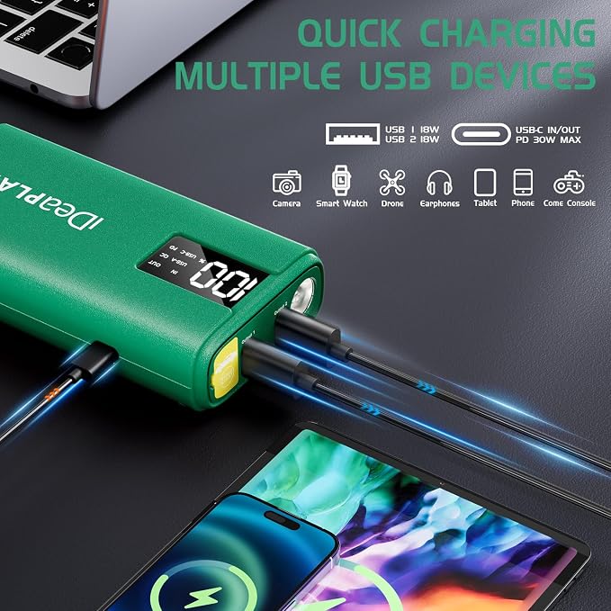 IDEAPLAY J10 Jump Starter, 2000A 12V Car Battery Jump Starter Portable for Up to 8.0L Gas and 7.0L Diesel Engine, Jump Box with Jumper Cables, Type C Fast Charging Battery Jumper with LED Flashlight