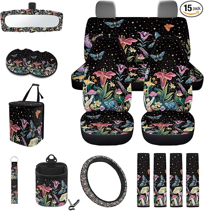 Butterfly Mushroom Floral Print 15Pcs Car Seat Cover Full Set Car Steering Wheel Cover Seat Belt Cover Trash Bin Air Vent Storage Box Front Rear View Mirror Car Cup Holder Keychain