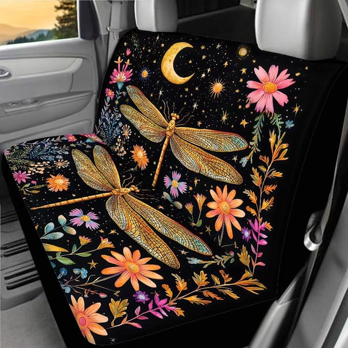 Golden Dragonfly Car Seat Covers Full Sets of 18 Pcs Universal Car Interior Accessories Sets with Dragonfly Car Headrest Covers Car Seat Belt Pads Cover Auto Trash Can Steering Wheel Wrap