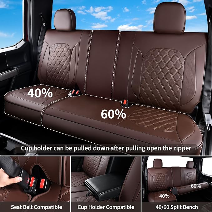Huidasource Fit for Coffee Chevy Silverado/GMC Sierra Rear Seat Covers, Thickened Split Nappa Leather Truck Back Seat Cover 2007-2013&2019-2025 1500, 2020-2025 2500HD 3500HD Crew Cab WT LS LT