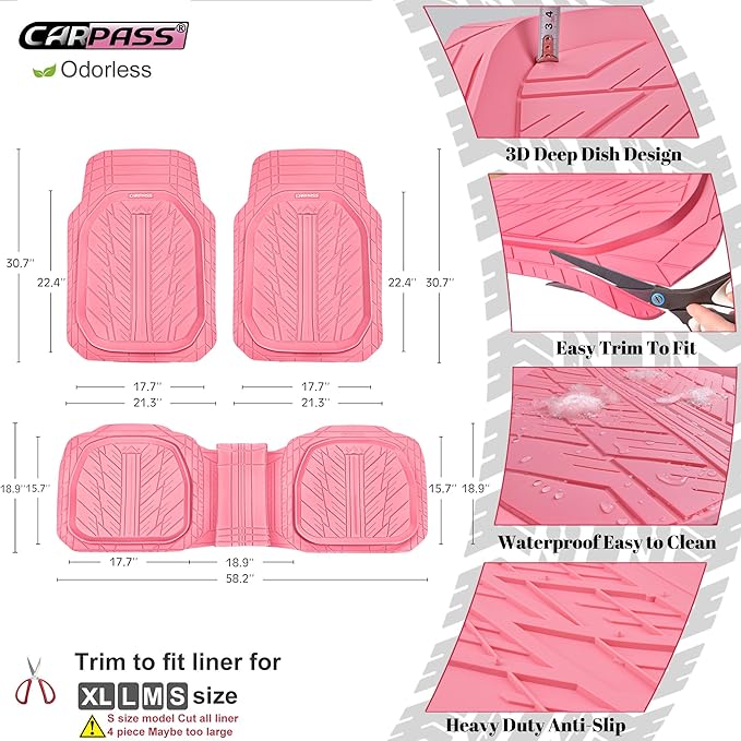 CAR PASS DeepDish Pink Floor Mats for Cars Full Set,Heavy Duty Rubber Car Mats 3-Piece,Universal Waterproof Trim-to Fit Automotive Floor Mats for Truck Van SUV, Durable All-Weather Car Mats (Pink)