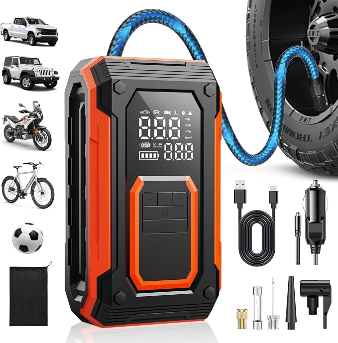 Tire Inflator Portable Cordless Air Compressor Air pump for Car Tires, 4 × Fast Inflation 35L/Min, Digital Dual Display, LED Light,Auto Shutoff for Car, Motorcycle, Bike, Pickup Truck and Ball