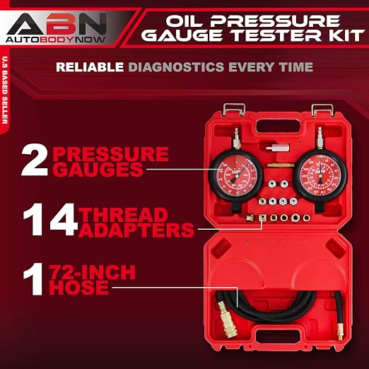 ABN Engine Oil Pressure Tester Tool Kit – Professional Oil Pressure Gauge Kit up to 400 PSI, High and Low Pressure Gauge Kit for Engine Diagnostic, Engine Oil Pressure Tool Kit | Engine Oil & Transmission Gauge Kit, Dual Gauges 0-100 & 0-400 PSI, 14 Ad...