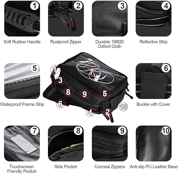 Motorcycle Tank Bag w/Strap Storage Bag Compatible with Honda Yamaha Suzuki Kawasaki Harley Water Resistant (Orange Piping)