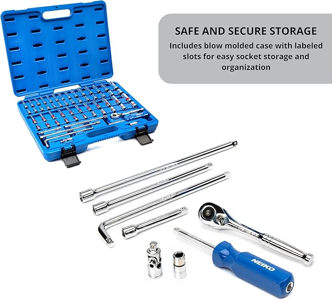 Neiko 02514A 1/4 Inch-Drive Ratchet and Small Socket Set, 58-Piece, Chrome Vanadium Steel, Multi-color (Pack of 4)