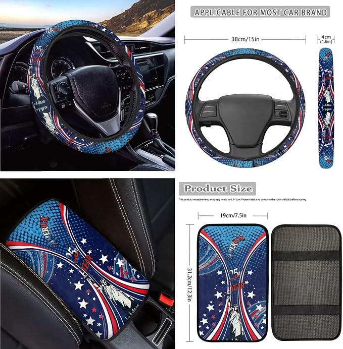 Statue of Liberty Print Car Seat Covers Front and Back Full Set 250 Year Decorative Headrest Covers Steering Wheel Cover Safety Belt Pads Armrest Cushion and Cup Coasters