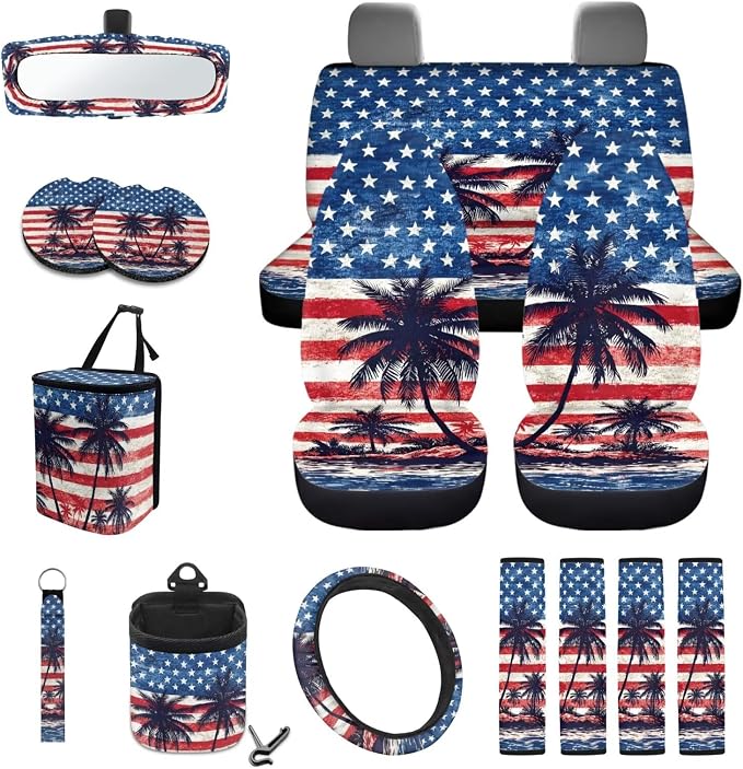 Wanyint Car Seat Cover Covers with Steering Wheel Seat Belt Strap Pad Trash Bag Phone Holder Rearview Mirror Accessories Cup Holder Key Chain Patriotic Auto Decor, 15 Pack, Hawaiian Palm Tree US Flag