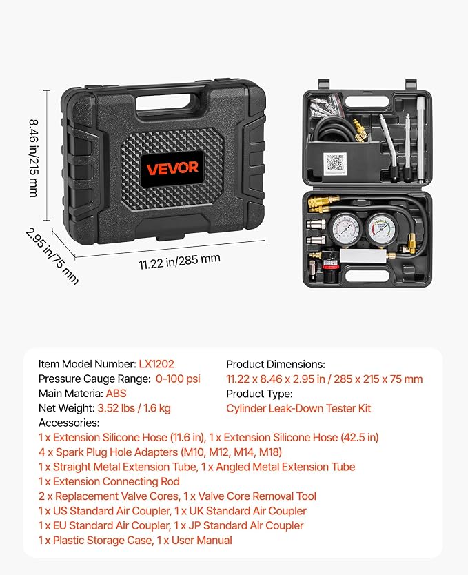 VEVOR Engine Cylinder Compression Tester Kit, Pressure Gauge Range of 0-100 PSI, Automotive Leak Down Tester Kit with 4 Adapters, 2 Metal Tubes, Pressure Check & Leakage Rate Test on Cars, Motorcycles