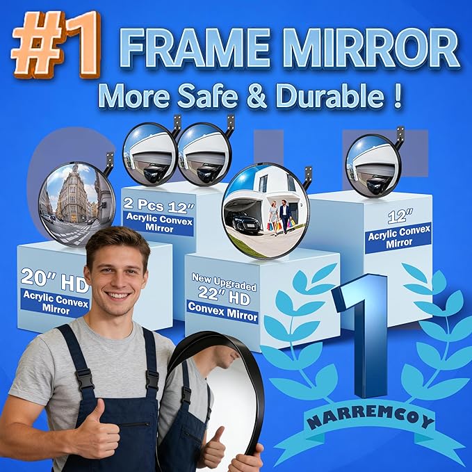 12 inch Acrylic Convex Mirror, Adjustable Wide Angle View Indoor Security Mirror, Corner Security Blind Spot for Warehouse, Office, Parking Garage and Traffic Safety