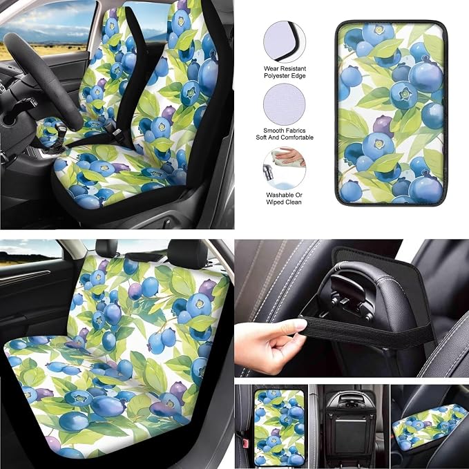 13 Pack Blue Berry Car Seat Covers, Summer Fruit Durable Polyester Seat Covers, Watercolor Blueberries Automotive Seat Belt Cover Interior Accessories