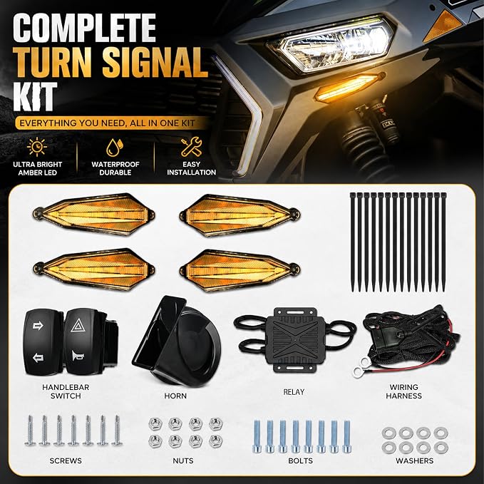 UTV Turn Signal Kit with Extra Backup Light, 110dB Horn, Pre-Wired Plug-and-Play Harness, Rocker Switch, Rhombus Universal Street Legal UTV Turn Signal Kits, Fits Polaris Can-Am CFMOTO