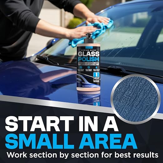Durabasics Cerium Oxide Glass Polish – Glass Scratch Remover for Light Scratches, Haze & Wiper Marks on Windshields – Glass Polishing Compound with 3” Wool Felt Pad Kit – 16oz