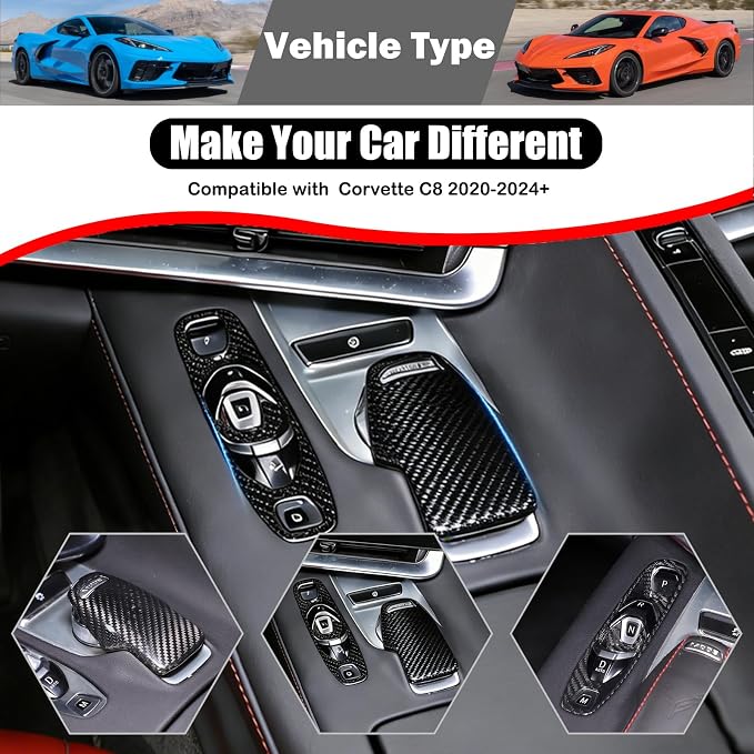 Set of 2 Genuine Carbon Fiber Gear Shift Panel Cover Trim for Corvette C8 2020-2025 Gear Shift Knob Head Protection&Console Gear Shift Button Panel P D Auto M Button Frame Accessories (Black)