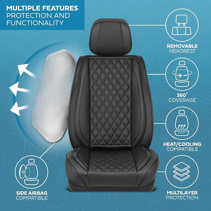 MotorBox Elite Edition Faux Leather Seat Covers for Cars, Trucks, & SUV - 2 Black Car Seat Covers for Front Seats - Universal Fit Car Accessories Automotive Interior Cover Protector for Most Vehicles